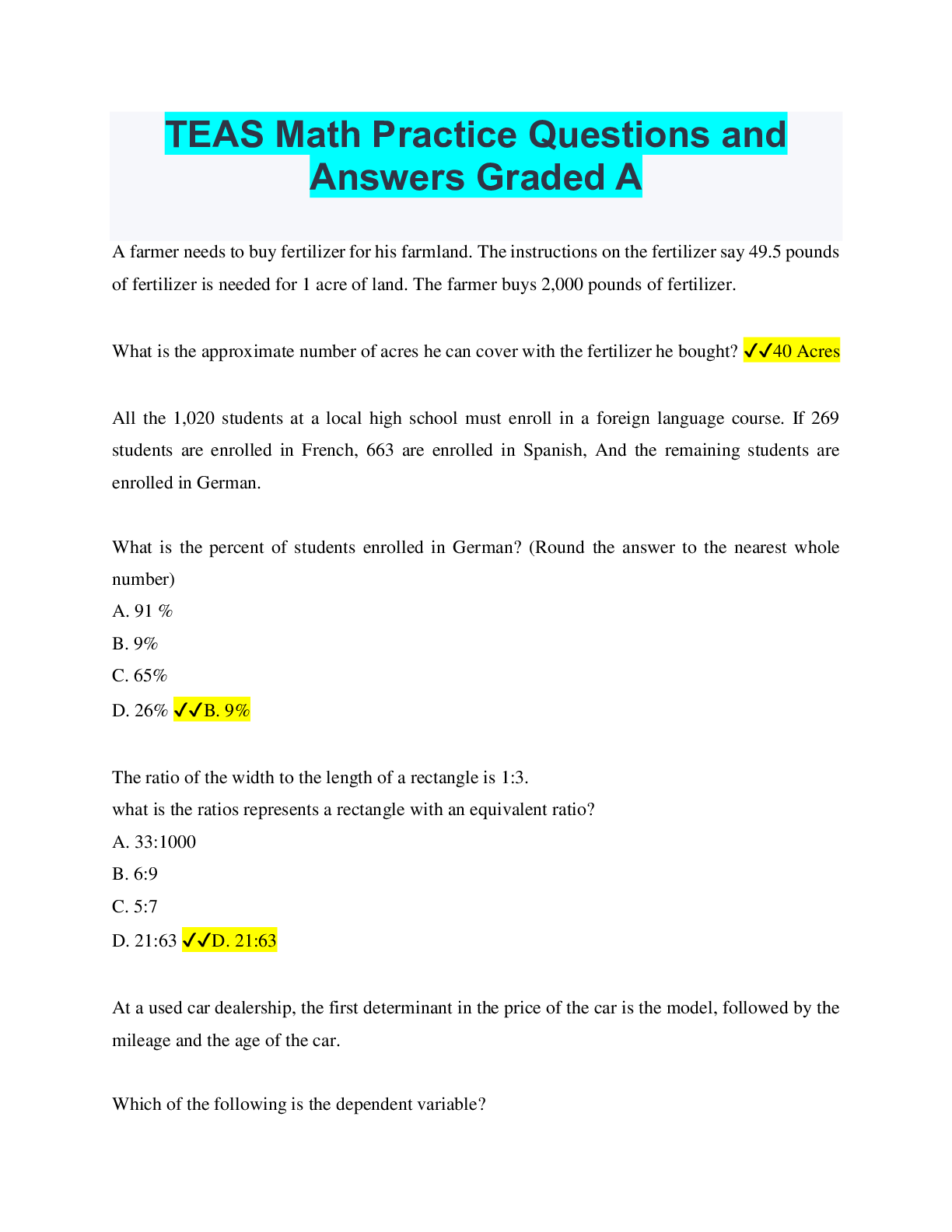 Preview of TEAS Math Practice Questions and Answers Graded A